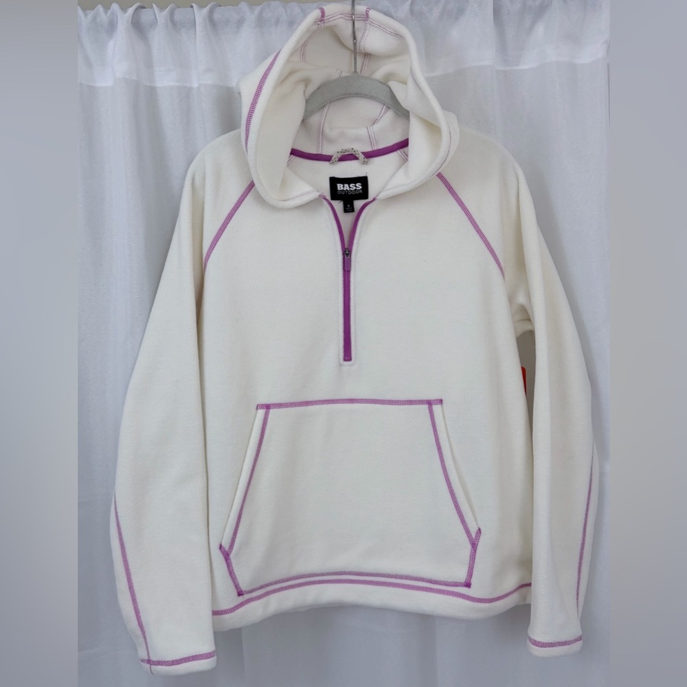 Bass Outdoor Cream & PurpleTrim Hooded Quarter Zip Fleece PullOver Top Small NWT - Picture 2 of 8